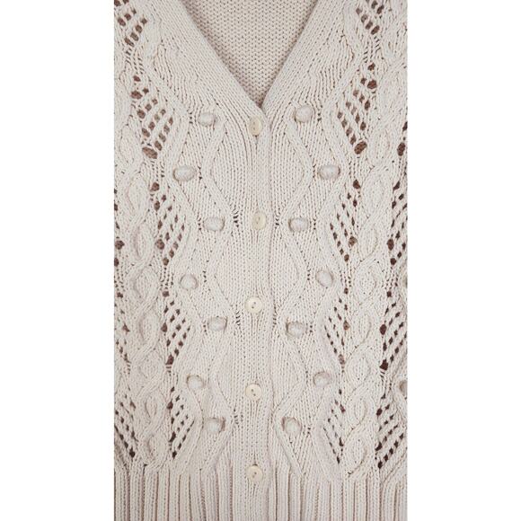 VERTICAL DESIGN off white open weave chunky knit cardigan button up sweater med - Picture 3 of 5